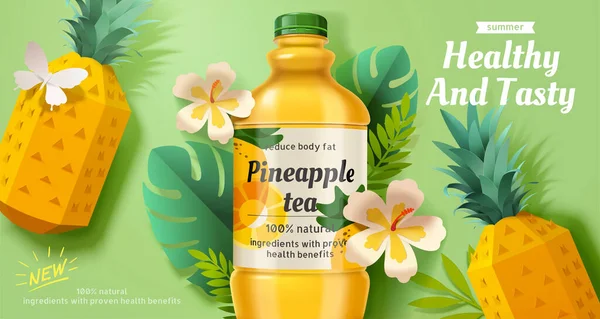 Bannière Publicitaire Thé Ananas Frais Illustration Bouteille Jus Plastique Avec — Image vectorielle