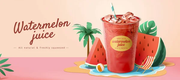 Modelo Banner Anúncio Suco Melancia Fresca Ilustração Copo Plástico Takeaway — Vetor de Stock