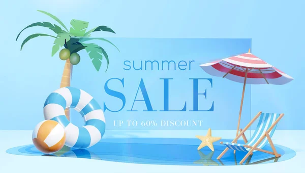 3D新鲜夏季销售模板 蓝色玻璃板的组成与可爱的海滩物体和游泳池 岛屿度假的概念 — 图库矢量图片