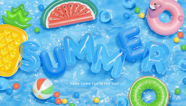 3d творческий летний фон в тему вечеринки у бассейна. Вид сверху плавающих на воде шариков, плавательных колец и плодов.