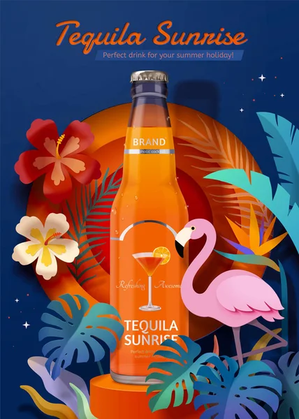 Ilustração Anúncio Promocional Tequila Sunrise Garrafa Tequila Pódio Laranja Com —  Vetores de Stock