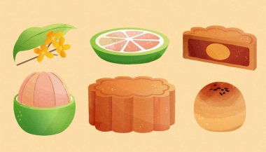 Geleneksel sonbahar ortası elementleri bej arka planda izole edilmiş, arkaplanda pomelo meyvesi, osmanthus çiçeği ve ay çöreği yer alıyor. El çizimi tasarım.