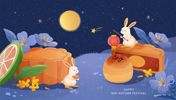 Happy Mid Autumn Festival Illustration Banner Roztomilé Králíci Těší Chutné — Stockový vektor