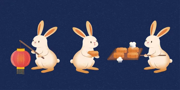 Weiße Kaninchen Mit Laterne Und Mondkuchen Mitten Herbst Tierische Elemente — Stockvektor