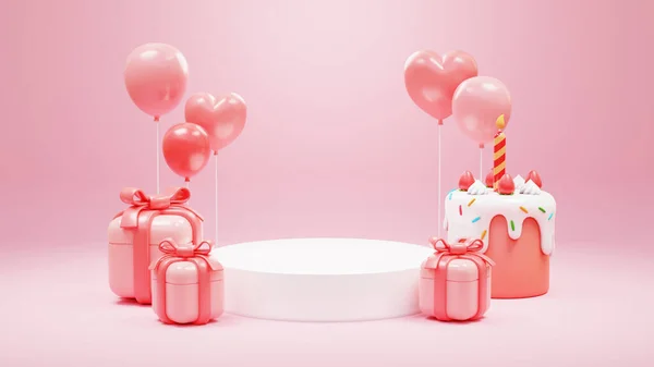 3D製品表示表彰台 丸いステージ ギフトボックス ハート形の風船で構成されています 誕生日 バレンタインデー 母の日のお祝いに適しています — ストック写真