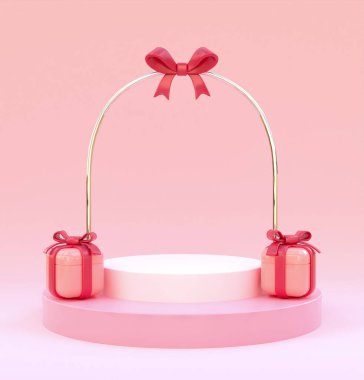 Duotone yuvarlak podyumun arka plan tasarımı. Altın boru kemeri ve iki hediye kutusu var. 3d hazırlayıcı.