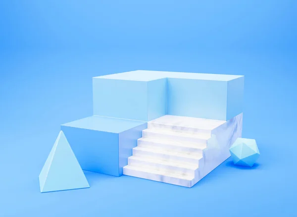 Blaue Minimale Produktanzeige Hintergrunddesign Mit Weißen Marmortreppen Und Geometrischen Stufen — Stockfoto