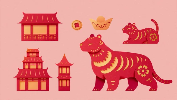 Красный Силуэт Коллекции 2022 Китайский Новый Год Числе Тигров Храмов — стоковый вектор