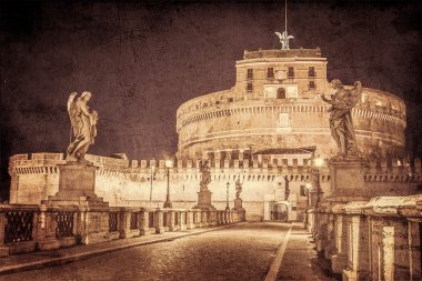 Saint Angelo Köprüsü (Ponte Sant'Angelo) Vintage görüntüsü. Roma, İtalya. Tonda retro.