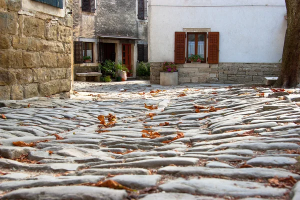 Ortaçağ Arnavut kaldırımlı sokakları görünümünü.