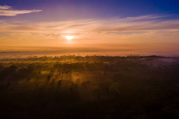 Sunrise Shining Golden Rays Early Morning Fog Softly Blanketing Prehistoric — Stock Photo, Image