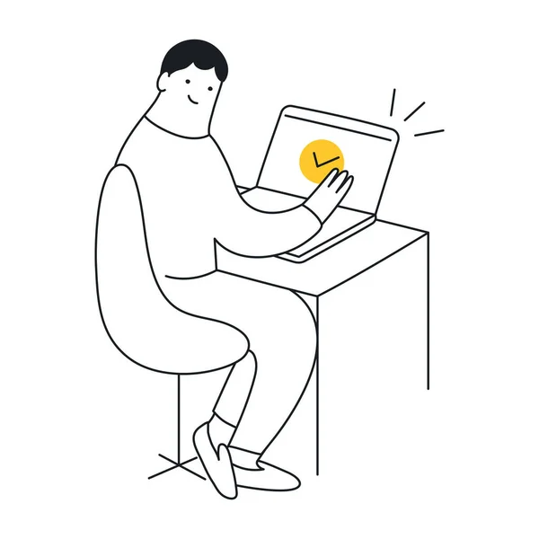 Ilustración Vectorial Del Hombre Usando Ordenador Portátil Beber Del Trabajo — Archivo Imágenes Vectoriales