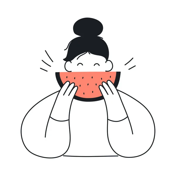 Mädchen Isst Wassermelonen Vektor Illustration — Stockvektor
