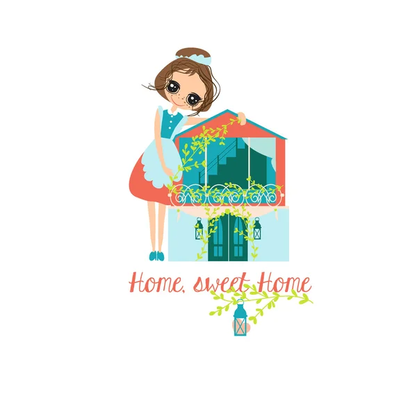 Háziasszony és a ház vektoros illusztráció. Otthon, édes otthon design. Háziasszony munka aranyos. — Stock Vector