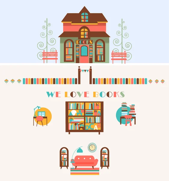 Bookstore set  with Exterior, Interior Elements — Stock Vector