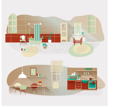 Vintage iç vektör kümesi. Mutfak ve banyo