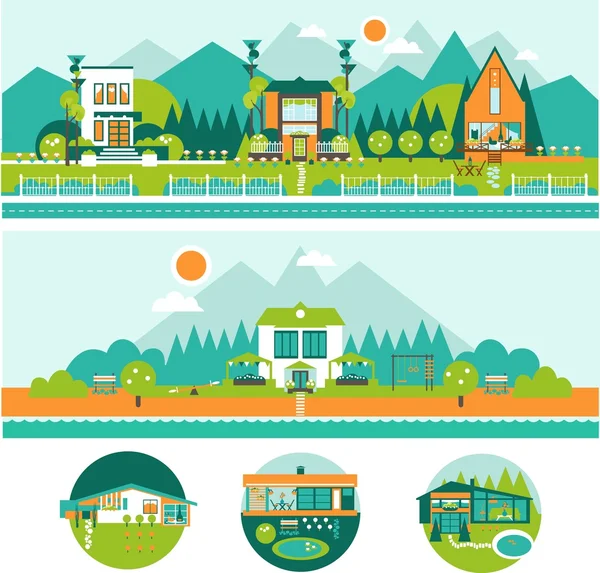 Camp Tiny Green Houses and Outdoor Recreation Vector Set in flat style. Estilo ecológico de conceito de vida . —  Vetores de Stock