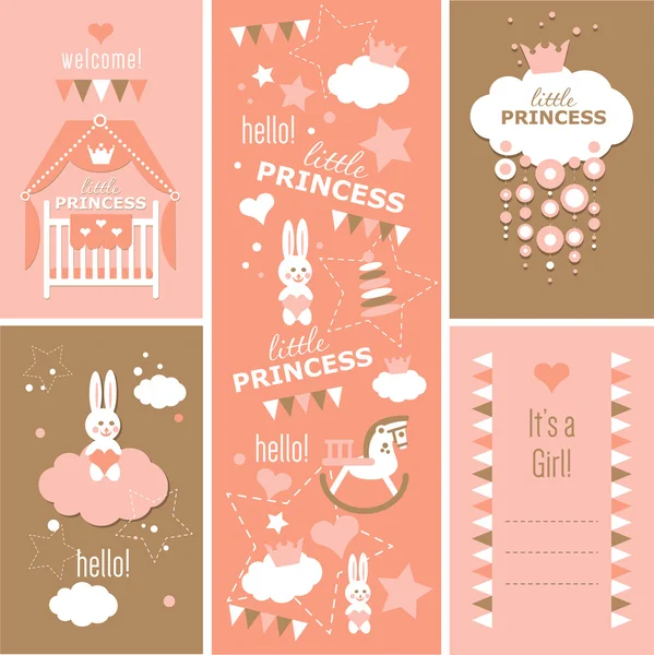 Ciao Little Princess Baby Shower Vector Set con motivo e quattro disegni di saluto — Vettoriale Stock