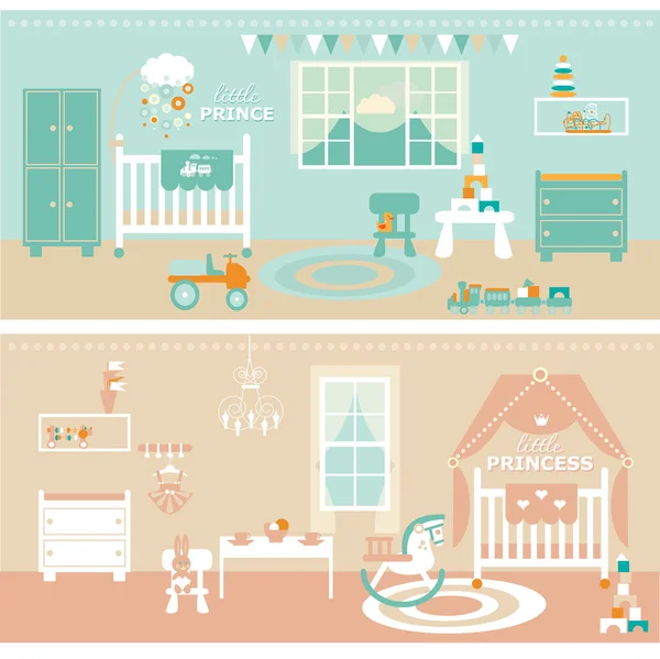 Bebé / niño habitaciones con muebles. Guardería y sala de juegos interior. Ilustración de vector de estilo plano . — Archivo Imágenes Vectoriales