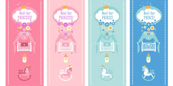 Tarjetas de ducha para bebé / niña "Conoce a nuestra princesa / príncipe". Ilustración de vector de estilo plano . — Vector de stock