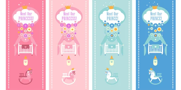 Baba fiú/lány zuhany kártyák "megfeleljen a hercegnő/herceg". Lapos stílusú vektoros illusztráció. — Stock Vector