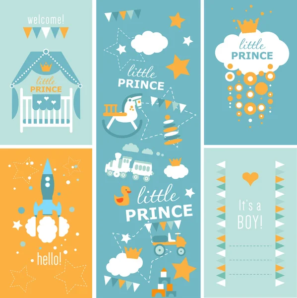"Hola, Little Prince "Juego de vectores de ducha para bebés con patrón y cuatro diseños de saludo — Archivo Imágenes Vectoriales