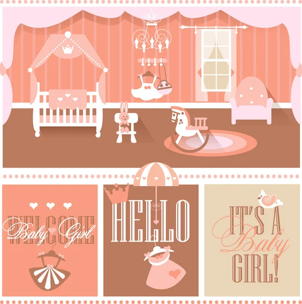 Habitación de niña con muebles. Guardería y sala de juegos Interior. Tarjetas de felicitación Tipografía Diseño. Ilustración de vector de estilo plano . — Vector de stock