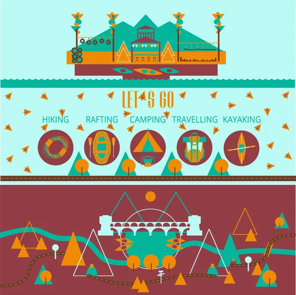 Modello di mappa e set di icone per attività all'aperto estreme in stile piatto . — Vettoriale Stock