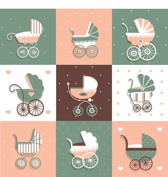 Vintage Prams Vector Set in stile piatto — Vettoriale Stock