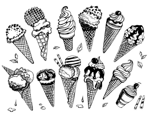 Conjunto Helados Cono Gofre Con Chocolate Mermelada Nueces Cerezas Fresas — Vector de stock