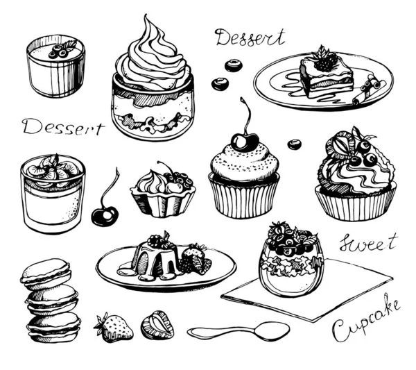 Conjunto Postres Cupcakes Pasteles Bayas Cucharas Crema Gofres Líneas Negras — Vector de stock