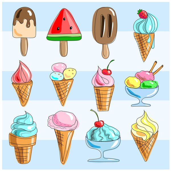 Набор различных мороженого. Мороженое в вафельной чашке, в шоколадной глазури, на палочке, в стакане. Мороженое разных цветов и типов, с клубникой, вишней. Векторное изображение