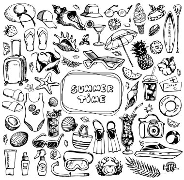 Yaz zamanı, yaz ve deniz tatili temalı bir takım elementler. Vektör, izole