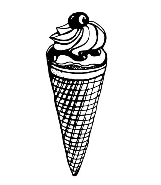 Vişneli waffle külahında dondurma. Bir kalem tarafından çizilmiş şeffaf bir arkaplanda vektör resmi