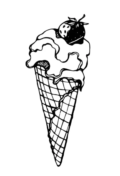 Helado Cono Gofre Con Fresas Vector Negro Sobre Fondo Blanco — Vector de stock