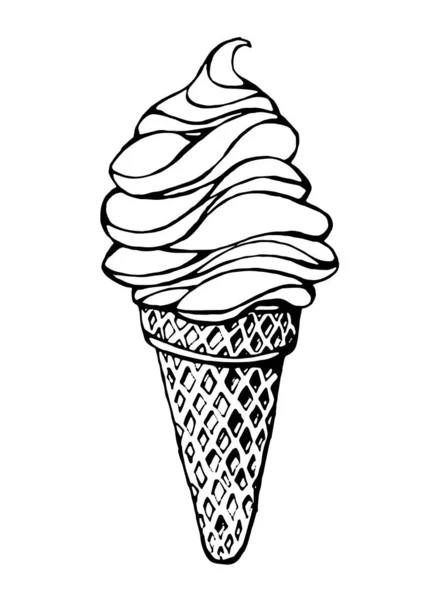 Waffle Külahında Dondurma Beyaz Arkaplanda Siyah Vektör — Stok Vektör