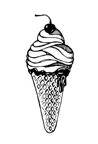 Helado Cono Gofre Con Una Cereza Vector Negro Sobre Fondo — Vector de stock