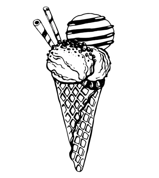 加坚果的华夫饼蛋筒里的冰淇淋 透明背景上的矢量图像 用笔绘制 — 图库矢量图片