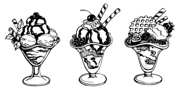 Sada Zmrzliny Sklenici Bobulemi Mátou Čokoládou Glazurou Vaflí Vektorový Obrázek — Stockový vektor