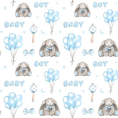 Tatlı Bebek, suluboya, Tavşanlı ve Balonlu Kusursuz Desen