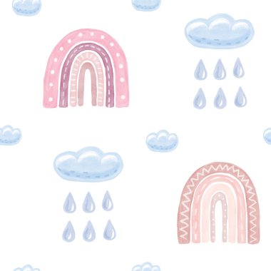 Gökkuşağı ve yağmur damlalarıyla kusursuz desen. Suluboya el çizimi