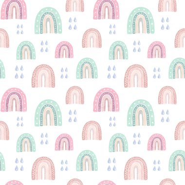 Gökkuşağı ve yağmur damlalarıyla kusursuz desen. Suluboya el çizimi