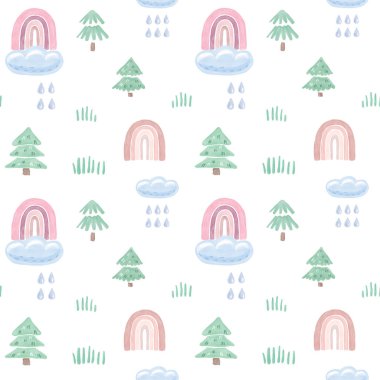 Gökkuşağı, bulut, ağaçlar ve damlalarla kusursuz desen
