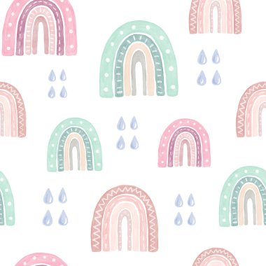 Gökkuşağı ve yağmur damlalarıyla kusursuz desen. Suluboya el çizimi