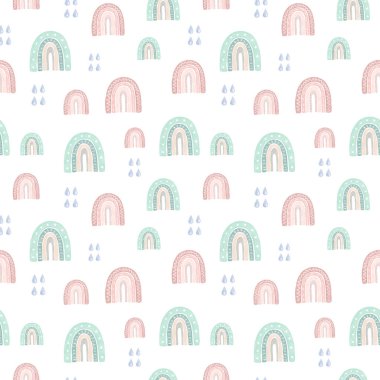 Gökkuşağı ve yağmur damlalarıyla kusursuz desen. Suluboya el çizimi