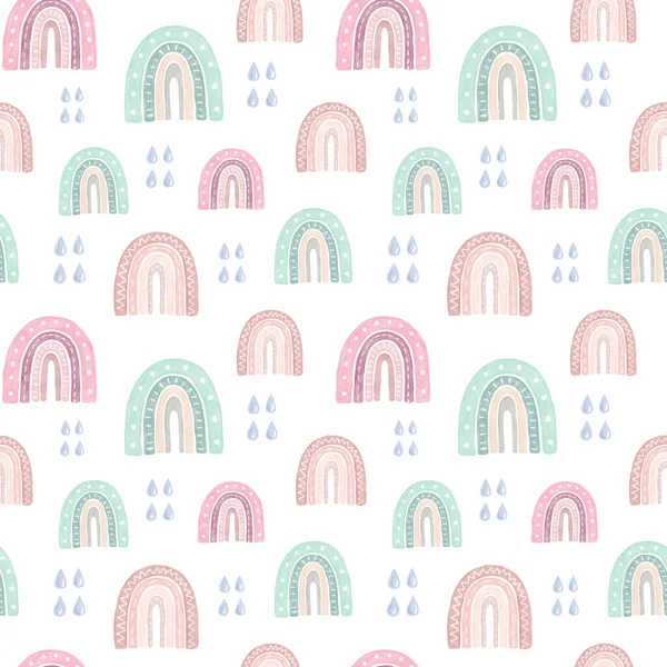 Gökkuşağı ve yağmur damlalarıyla kusursuz desen. Suluboya el çizimi