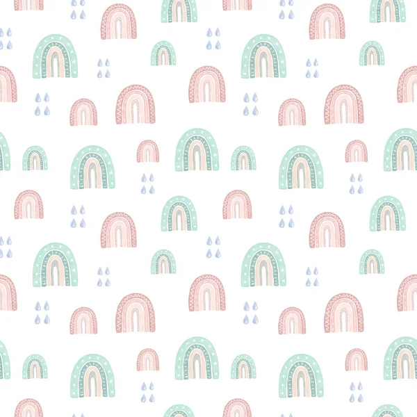 Gökkuşağı ve yağmur damlalarıyla kusursuz desen. Suluboya el çizimi