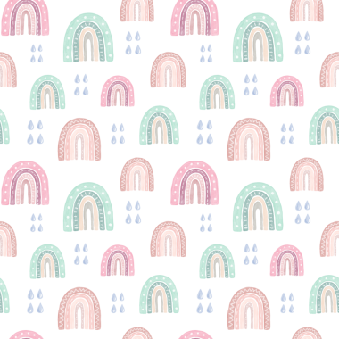 Gökkuşağı ve yağmur damlalarıyla kusursuz desen. Suluboya el çizimi