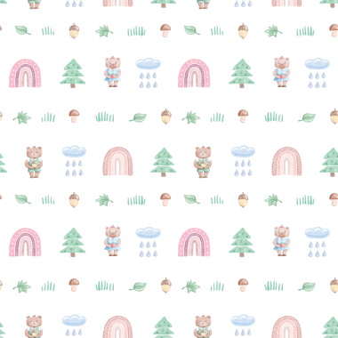 Gökkuşağı ve komik ayılarla kusursuz desen. Suluboya el çizimi