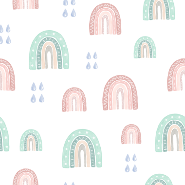 Gökkuşağı ve yağmur damlalarıyla kusursuz desen. Suluboya el çizimi